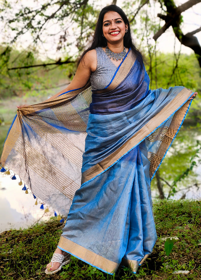 Blue Linen Silk Saree With Blouse Piece - Indian Silk House Agencies