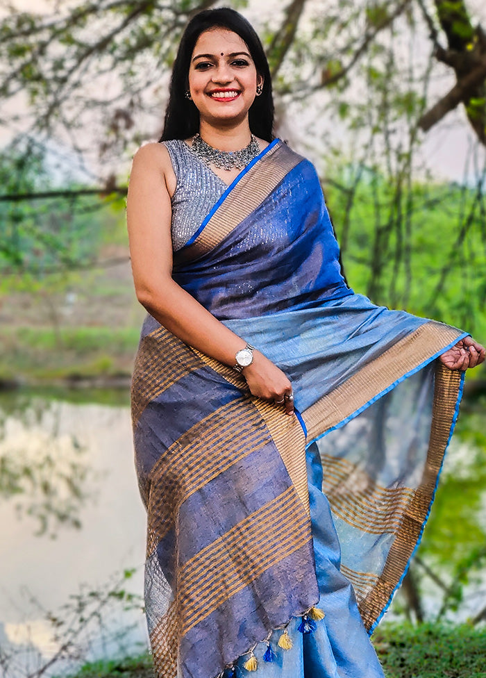 Blue Linen Silk Saree With Blouse Piece - Indian Silk House Agencies