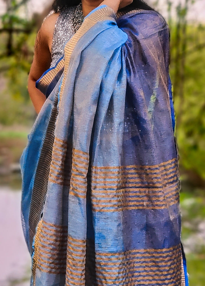 Blue Linen Silk Saree With Blouse Piece - Indian Silk House Agencies