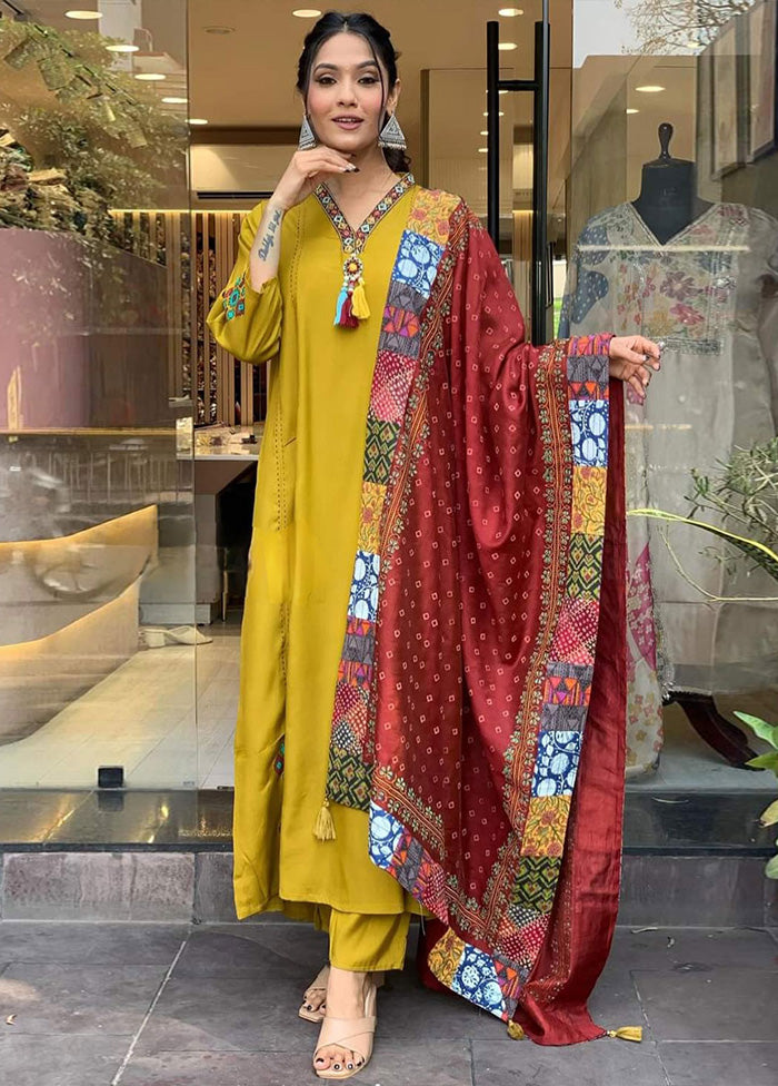 3 Pc Mustard Readymade Viscose Suit Set