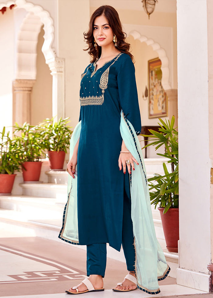 3 Pc Blue Readymade Silk Suit Set