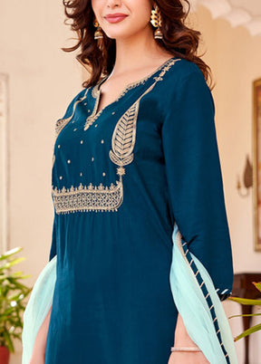 3 Pc Blue Readymade Silk Suit Set