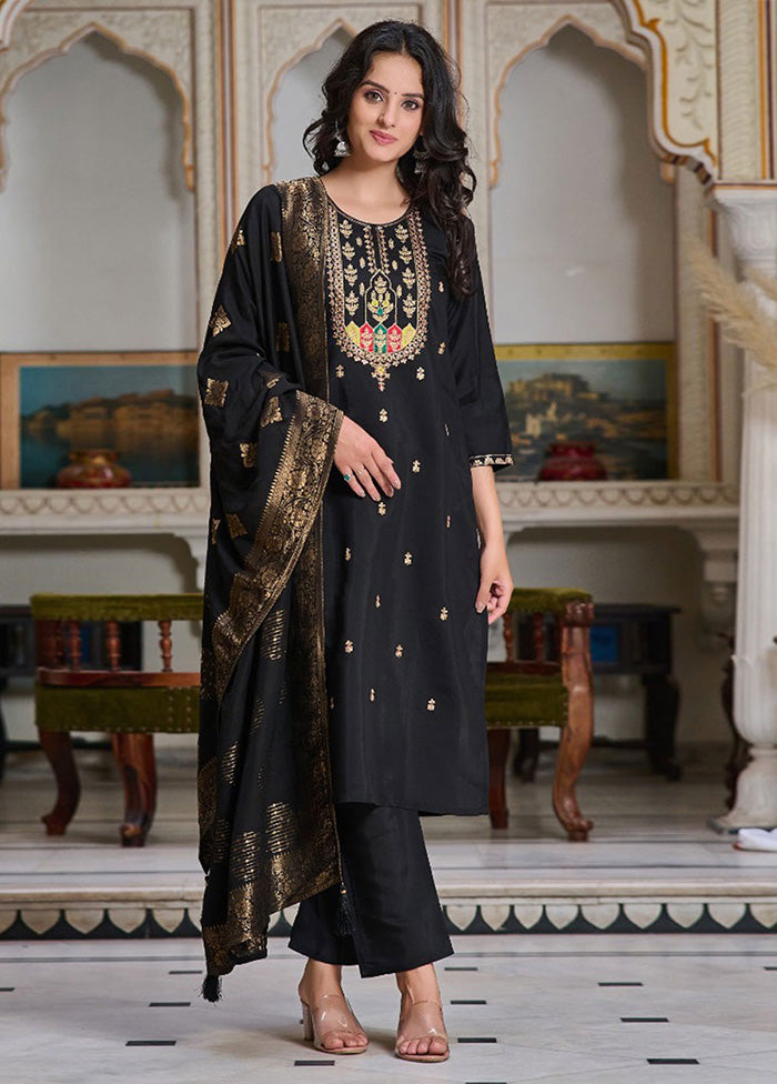 3 Pc Black Readymade Chanderi Suit Set