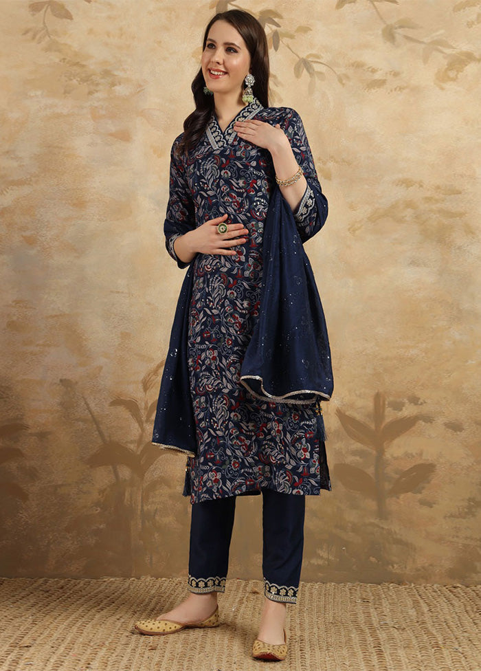 3 Pc Navy Blue Readymade Viscose Suit Set