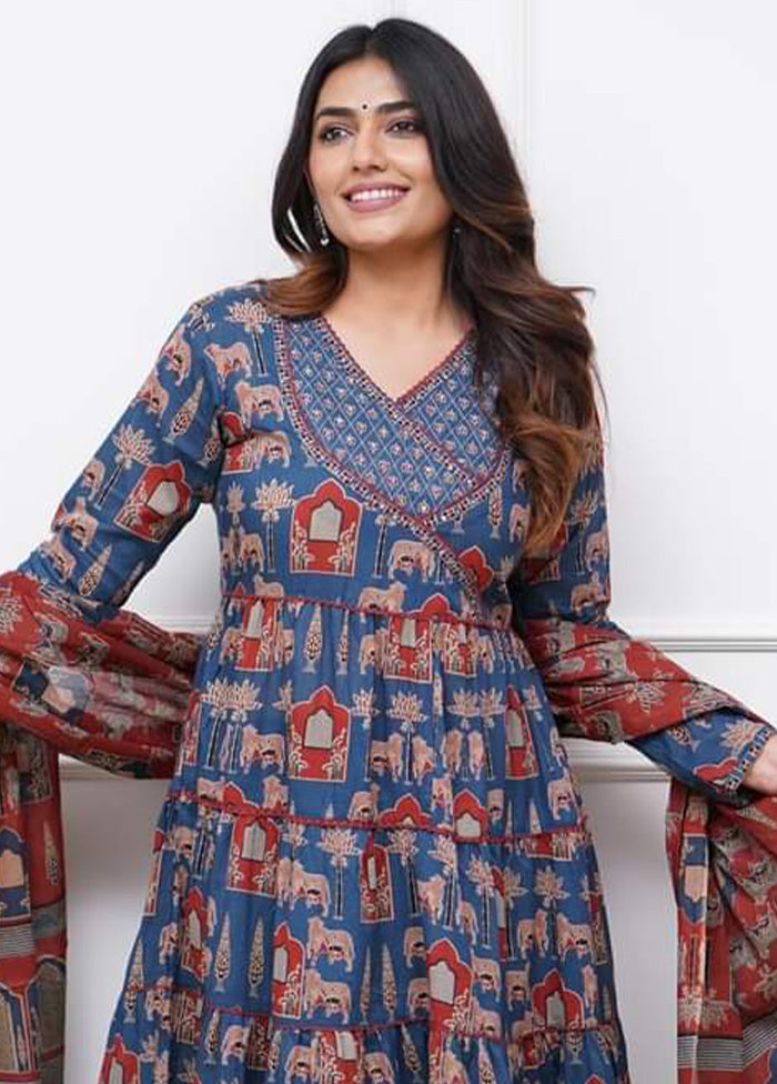 3 Pc Blue Readymade Cotton Suit Set