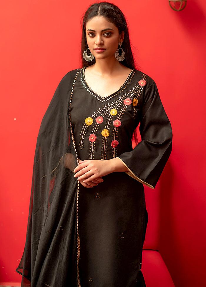Black 3 Pc Silk Suit Set With Dupatta VDLL002270735 - Indian Silk House Agencies