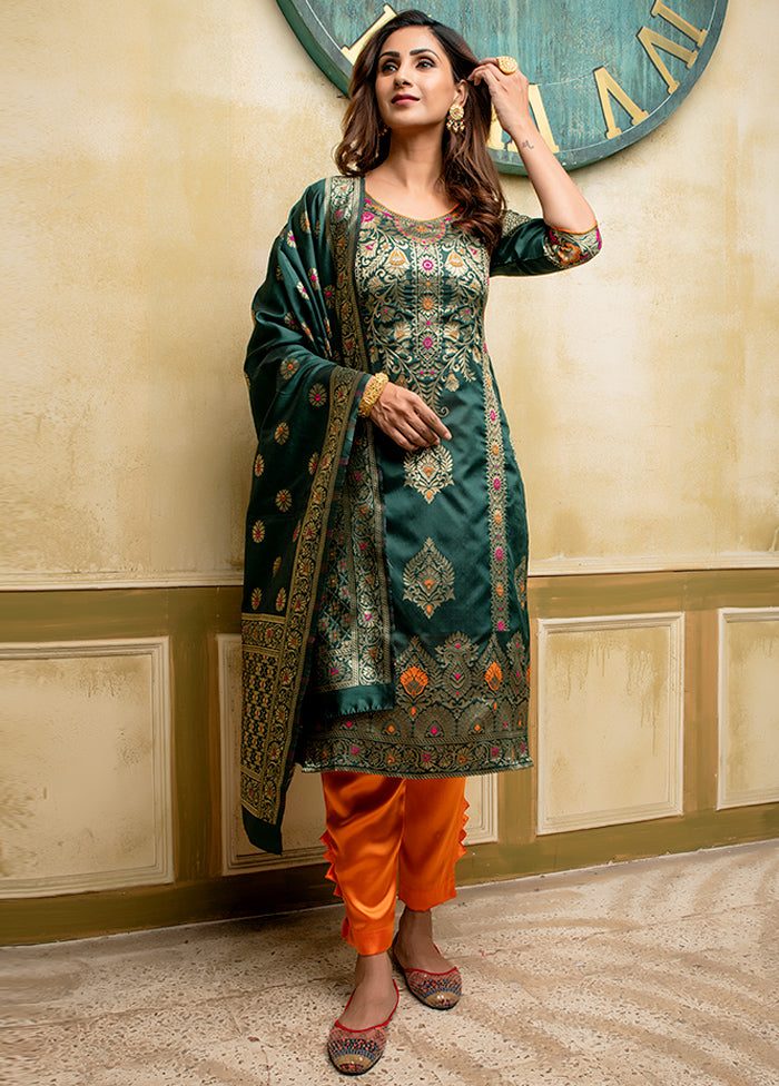 3 Pc Green Unstitched Silk Suit Set With Dupatta VDLL002270745 - Indian Silk House Agencies