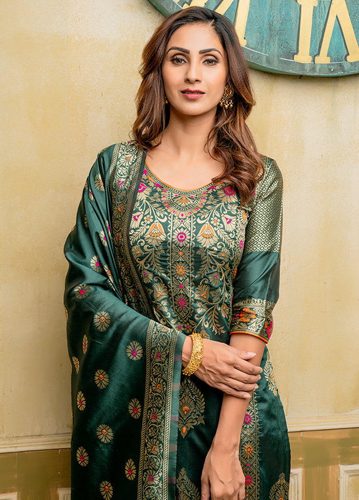3 Pc Green Unstitched Silk Suit Set With Dupatta VDLL002270745 - Indian Silk House Agencies