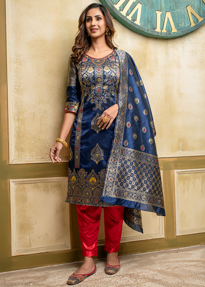 3 Pc Blue Unstitched Silk Suit Set With Dupatta VDLL002270746 - Indian Silk House Agencies