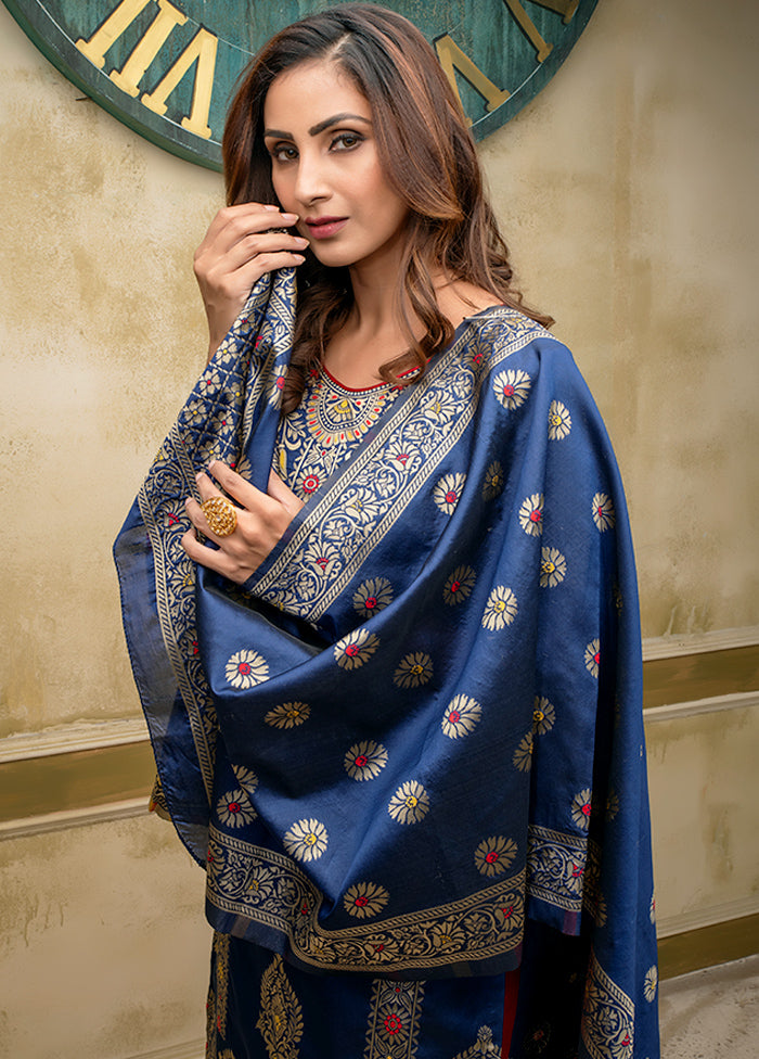 3 Pc Blue Unstitched Silk Suit Set With Dupatta VDLL002270746 - Indian Silk House Agencies