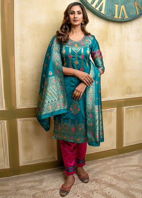 3 Pc Blue Unstitched Silk Suit Set With Dupatta VDLL002270747 - Indian Silk House Agencies