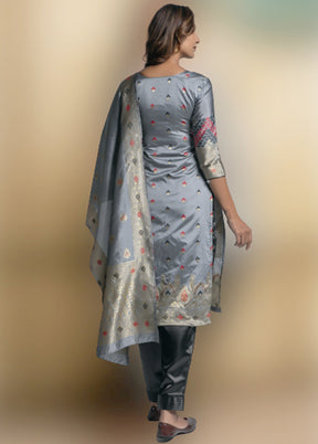 3 Pc Grey Unstitched Silk Suit Set With Dupatta VDLL002270748 - Indian Silk House Agencies