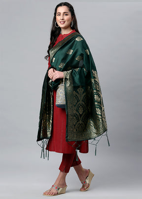 Dark Green Zari Woven Ethnic Dupatta - Indian Silk House Agencies