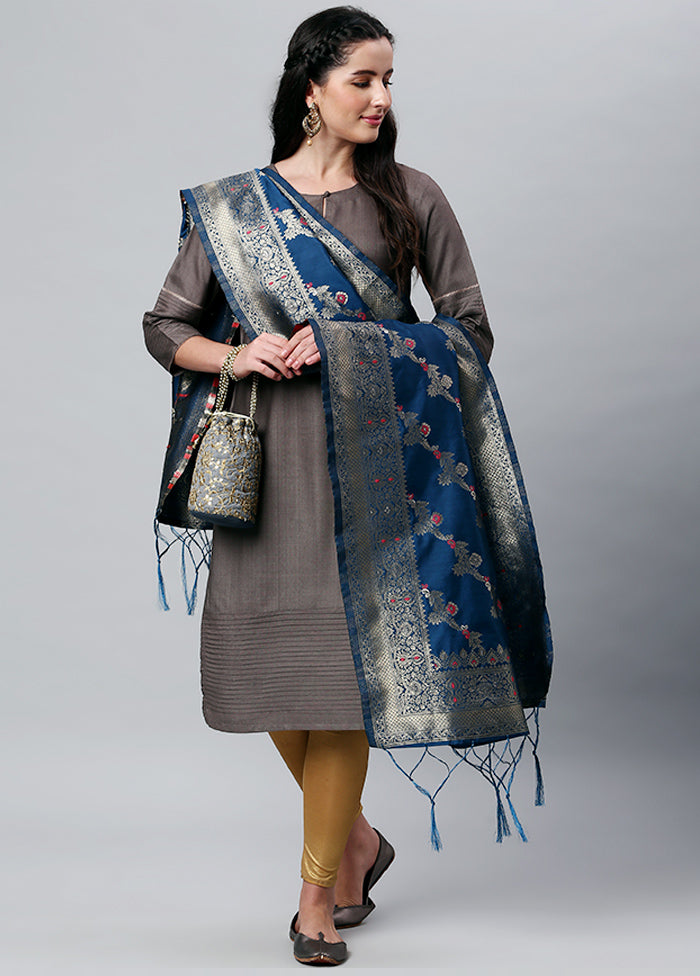 Indigo Blue Zari Woven Ethnic Dupatta - Indian Silk House Agencies