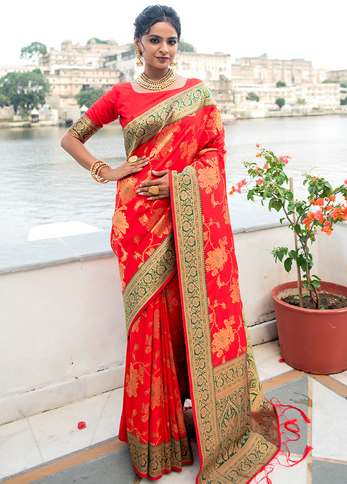 Tomato Red Spun Silk Saree With Blouse Piece - Indian Silk House Agencies