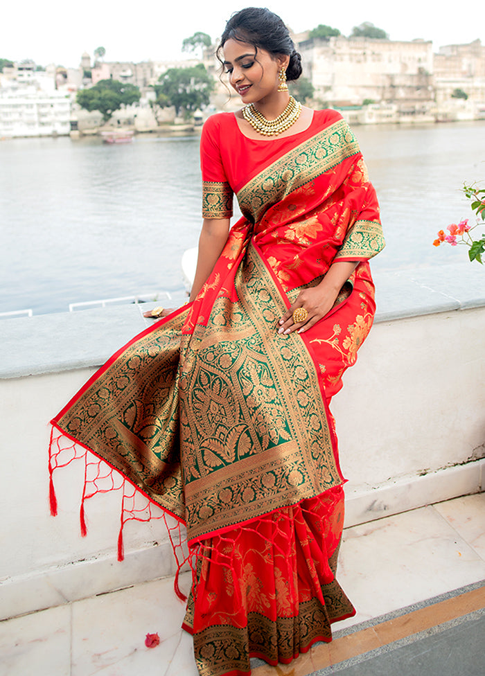 Tomato Red Spun Silk Saree With Blouse Piece - Indian Silk House Agencies