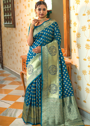 Ocean Blue Spun Silk Saree With Blouse Piece - Indian Silk House Agencies