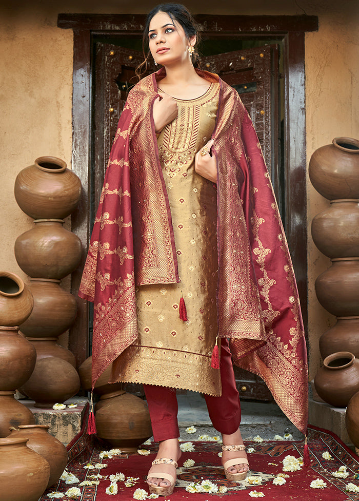 3 Pc Brown Unstitched Silk Suit Set With Dupatta VDLL002270751 - Indian Silk House Agencies