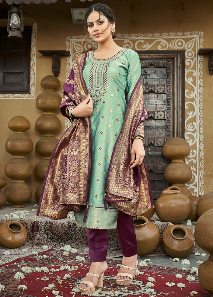 3 Pc Green Unstitched Silk Suit Set With Dupatta VDLL002270753 - Indian Silk House Agencies