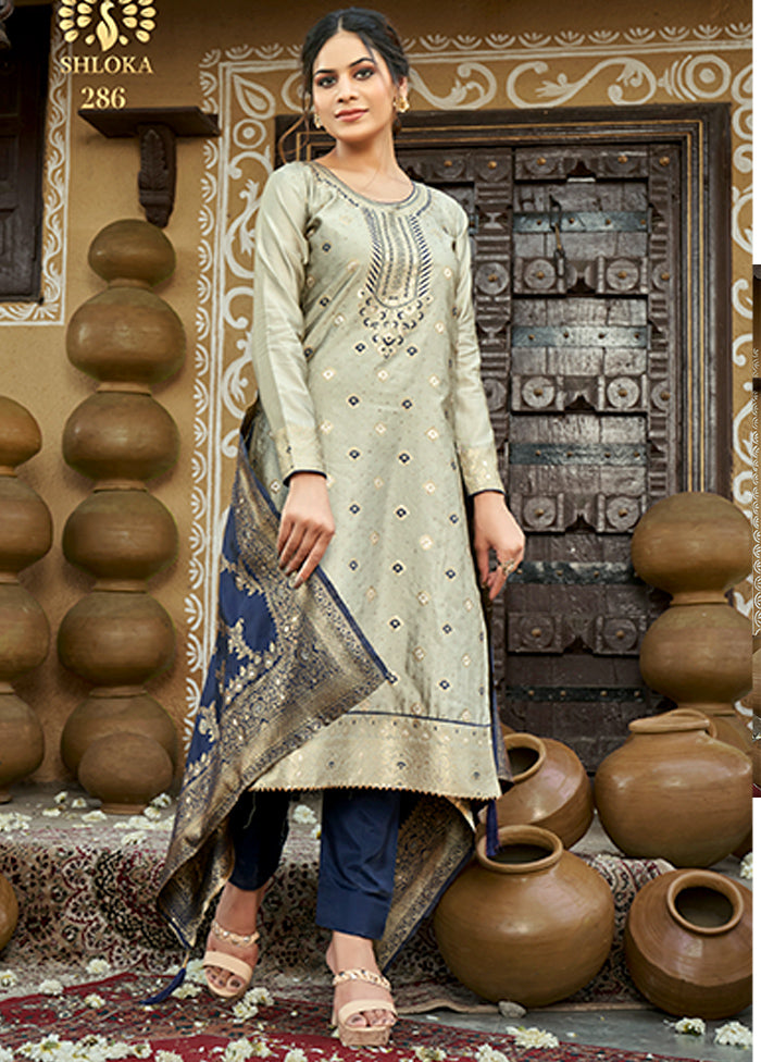 3 Pc Grey Unstitched Silk Suit Set With Dupatta VDLL002270754 - Indian Silk House Agencies