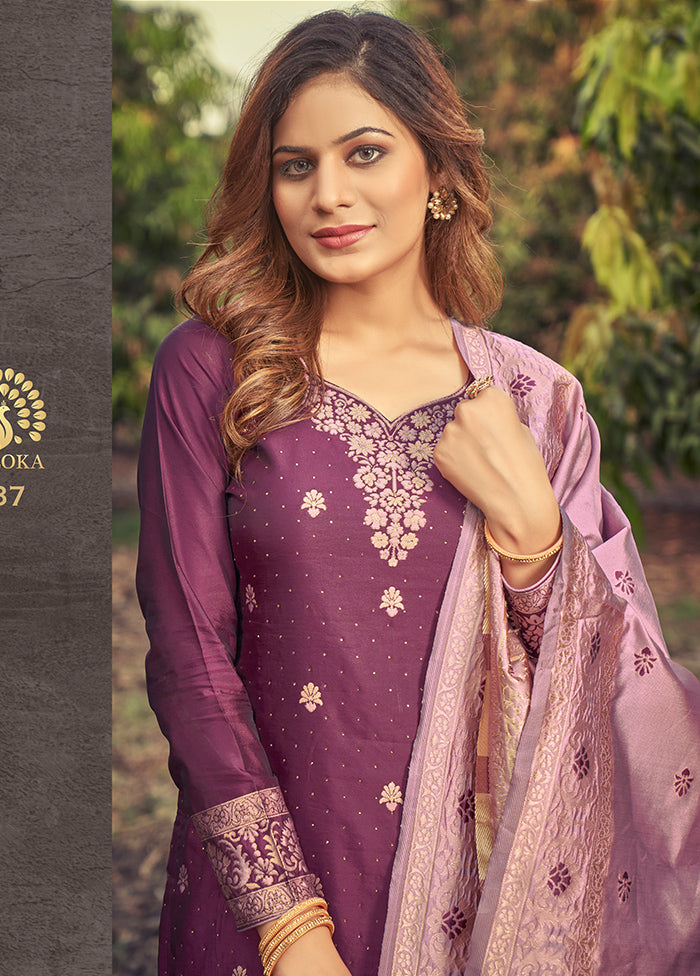 3 Pc Purple Unstitched Silk Suit Set With Dupatta VDLL002270755 - Indian Silk House Agencies