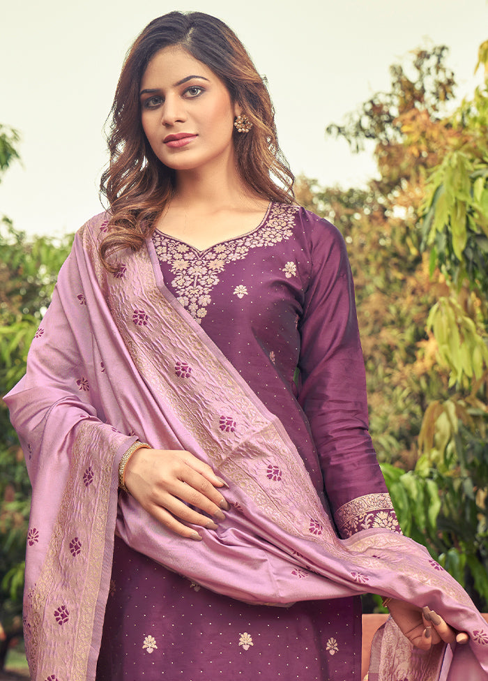 3 Pc Purple Unstitched Silk Suit Set With Dupatta VDLL002270755 - Indian Silk House Agencies