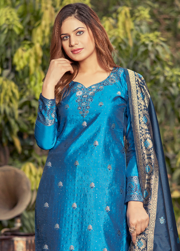 3 Pc Blue Unstitched Silk Suit Set With Dupatta VDLL002270756 - Indian Silk House Agencies