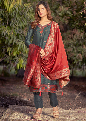 3 Pc Dark Grey Unstitched Silk Suit Set With Dupatta VDLL002270757 - Indian Silk House Agencies