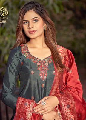 3 Pc Dark Grey Unstitched Silk Suit Set With Dupatta VDLL002270757 - Indian Silk House Agencies