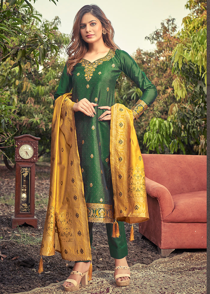 3 Pc Green Unstitched Silk Suit Set With Dupatta VDLL002270758 - Indian Silk House Agencies