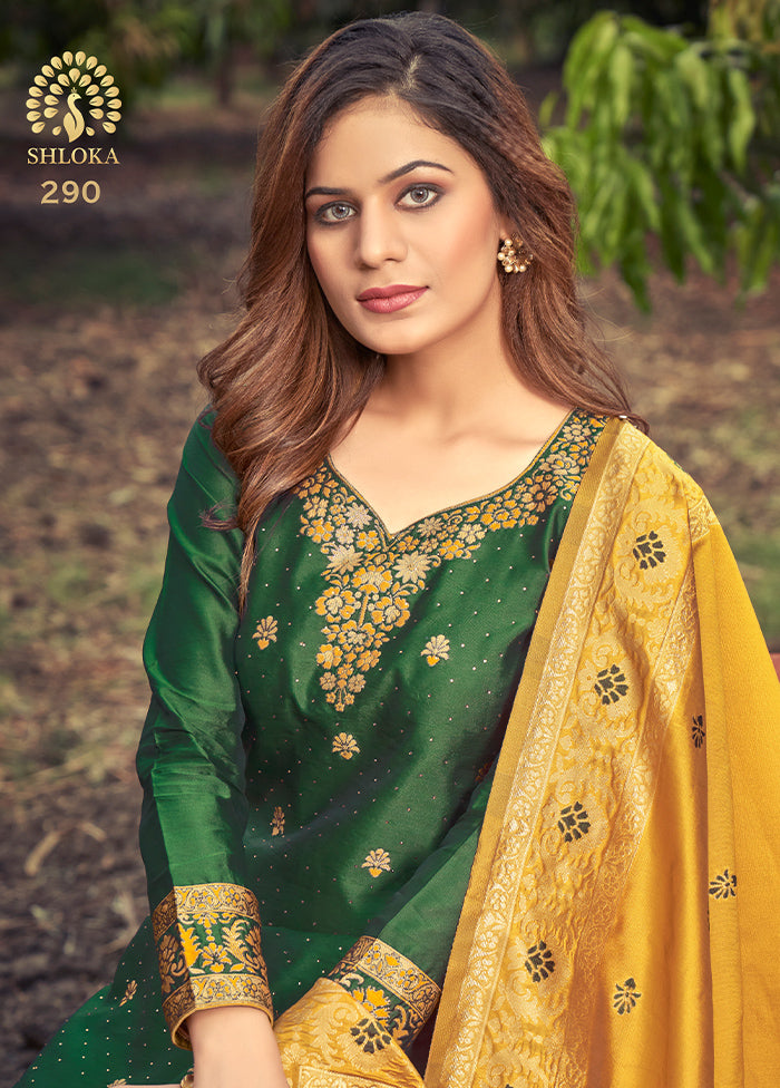 3 Pc Green Unstitched Silk Suit Set With Dupatta VDLL002270758 - Indian Silk House Agencies
