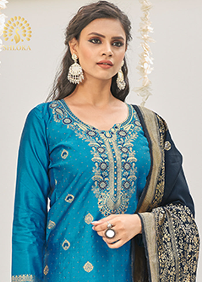 3 Pc Blue Unstitched Silk Suit Set With Dupatta VDLL002270759 - Indian Silk House Agencies