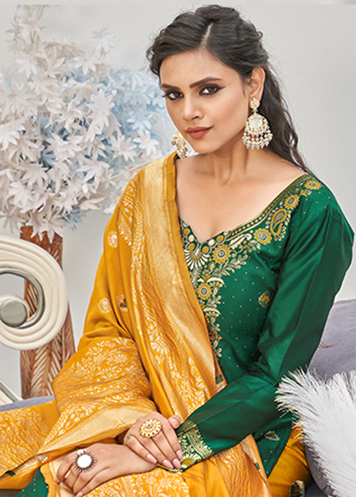 3 Pc Green Unstitched Silk Suit Set With Dupatta VDLL002270760 - Indian Silk House Agencies