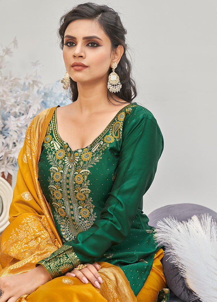 3 Pc Green Unstitched Silk Suit Set With Dupatta VDLL002270760 - Indian Silk House Agencies