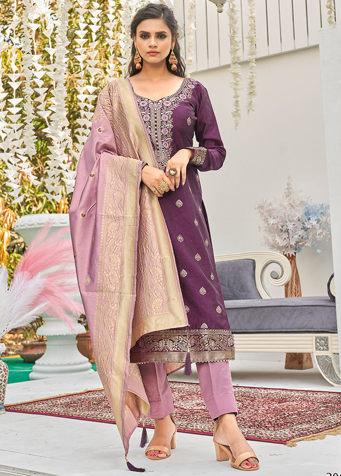 3 Pc Wine Unstitched Silk Suit Set With Dupatta VDLL002270762 - Indian Silk House Agencies
