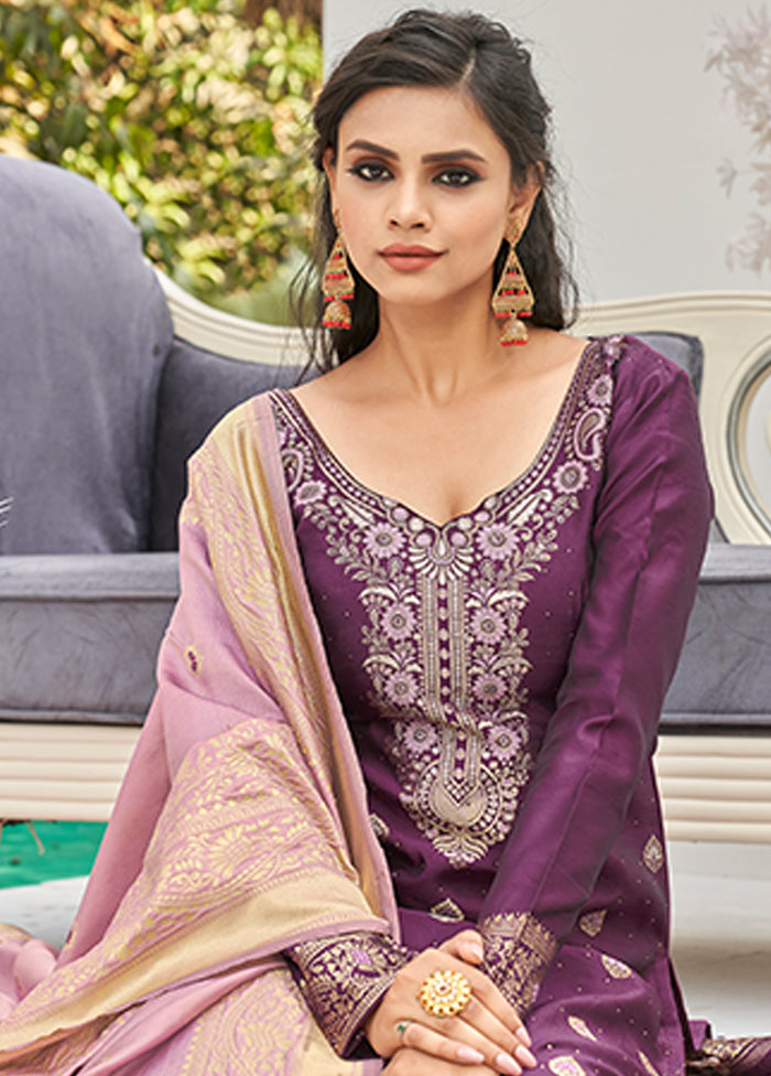 3 Pc Wine Unstitched Silk Suit Set With Dupatta VDLL002270762 - Indian Silk House Agencies