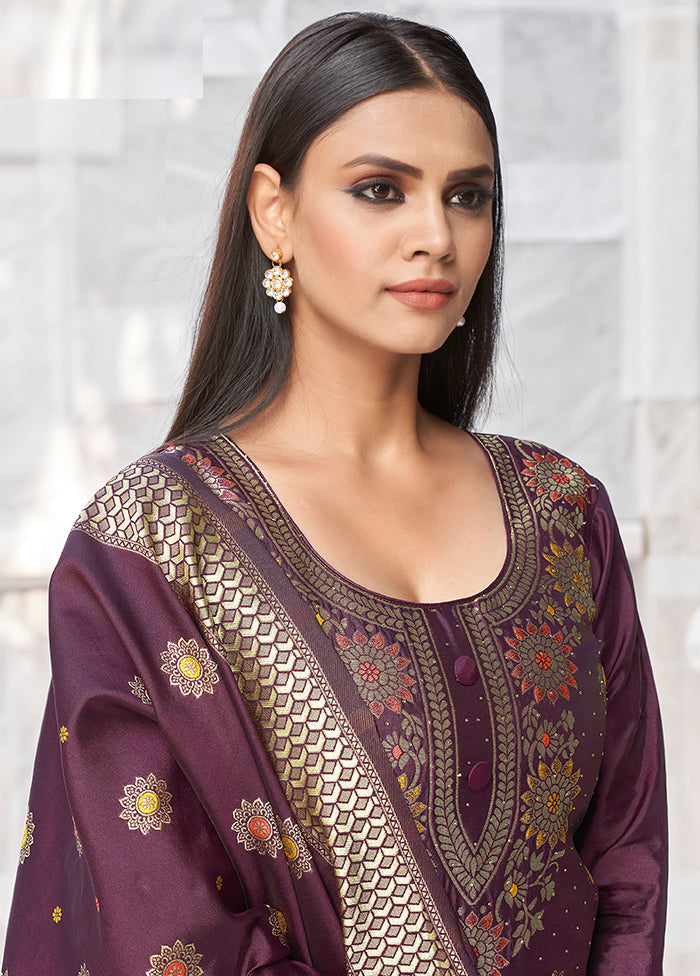 3 Pc Wine Unstitched Silk Suit Set With Dupatta VDLL002270763 - Indian Silk House Agencies