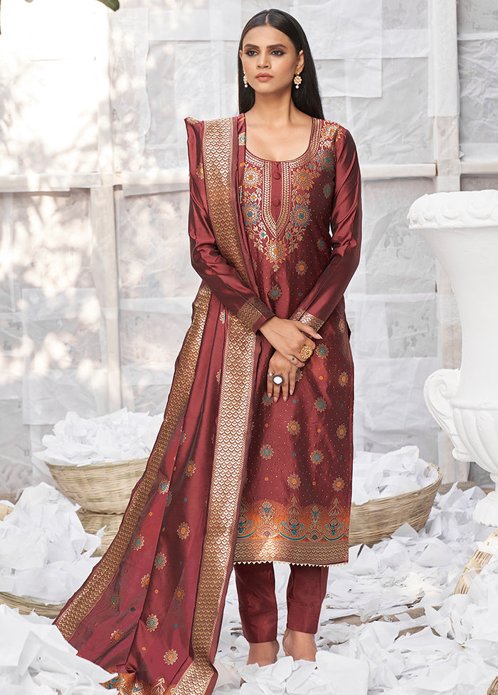 3 Pc Maroon Unstitched Silk Suit Set With Dupatta VDLL002270765 - Indian Silk House Agencies