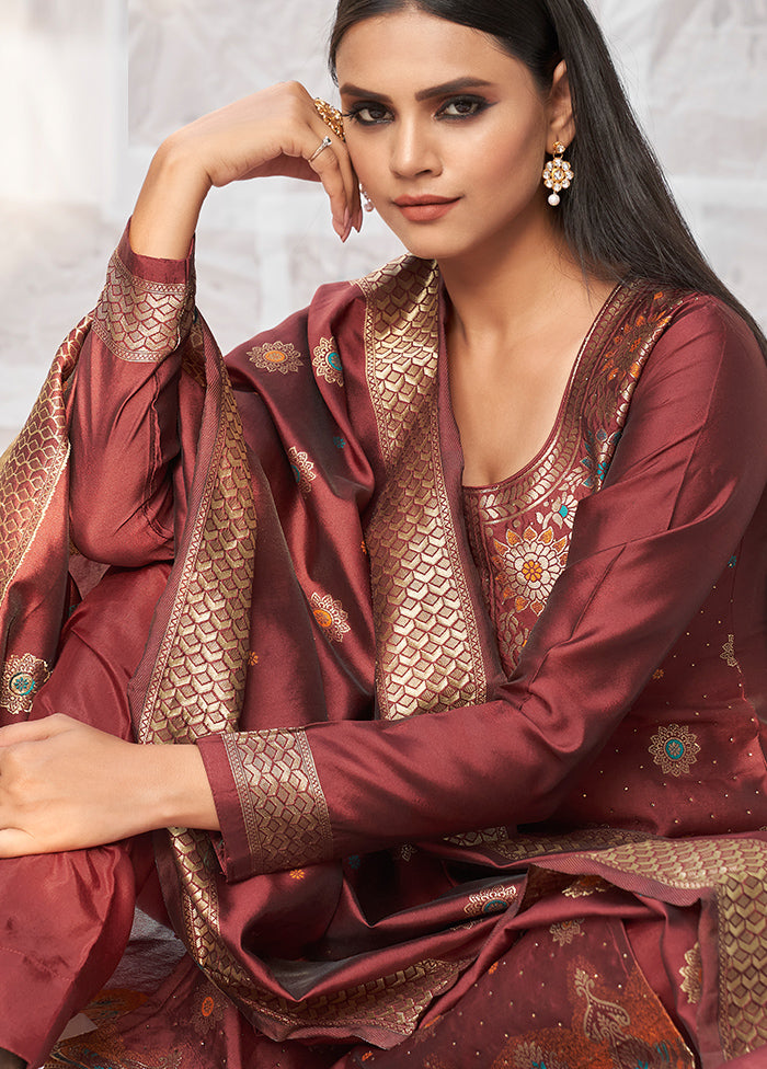 3 Pc Maroon Unstitched Silk Suit Set With Dupatta VDLL002270765 - Indian Silk House Agencies