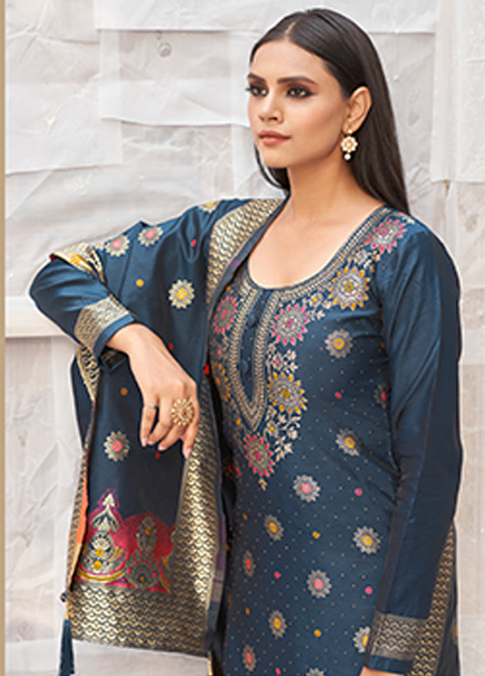 3 Pc Blue Unstitched Silk Suit Set With Dupatta VDLL002270766 - Indian Silk House Agencies