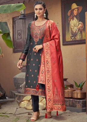 3 Pc Black Unstitched Silk Suit Set With Dupatta VDLL002270767 - Indian Silk House Agencies