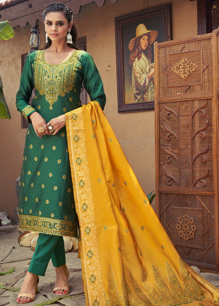 3 Pc Green Unstitched Silk Suit Set With Dupatta VDLL002270768 - Indian Silk House Agencies