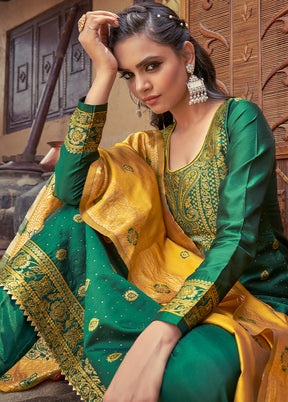 3 Pc Green Unstitched Silk Suit Set With Dupatta VDLL002270768 - Indian Silk House Agencies