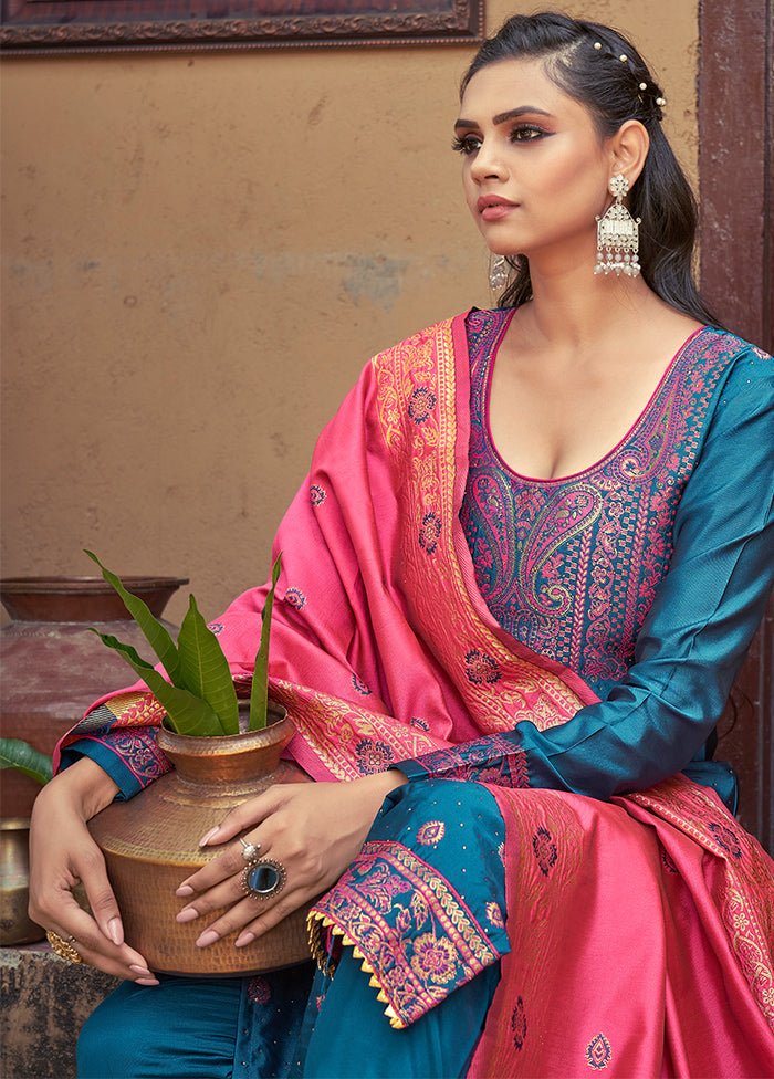 3 Pc Blue Unstitched Silk Suit Set With Dupatta VDLL002270769 - Indian Silk House Agencies
