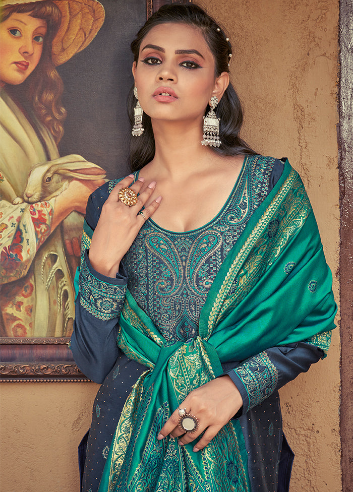 3 Pc Navy Blue Unstitched Silk Suit Set With Dupatta VDLL002270770 - Indian Silk House Agencies