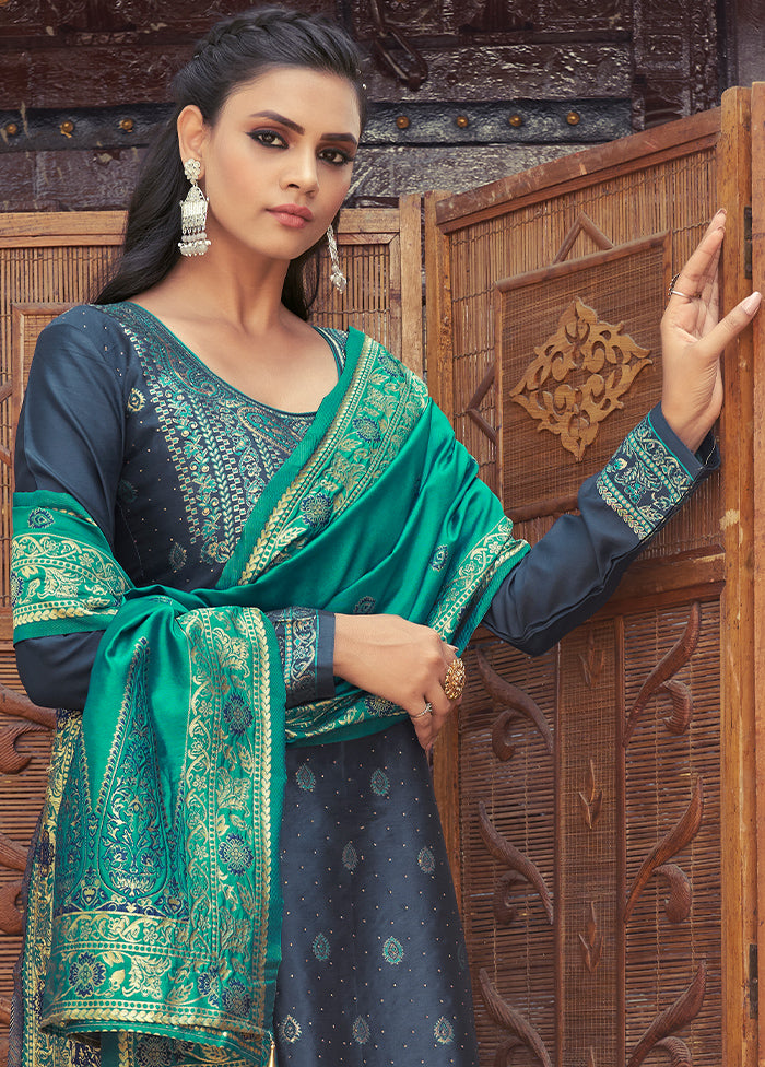 3 Pc Navy Blue Unstitched Silk Suit Set With Dupatta VDLL002270770 - Indian Silk House Agencies