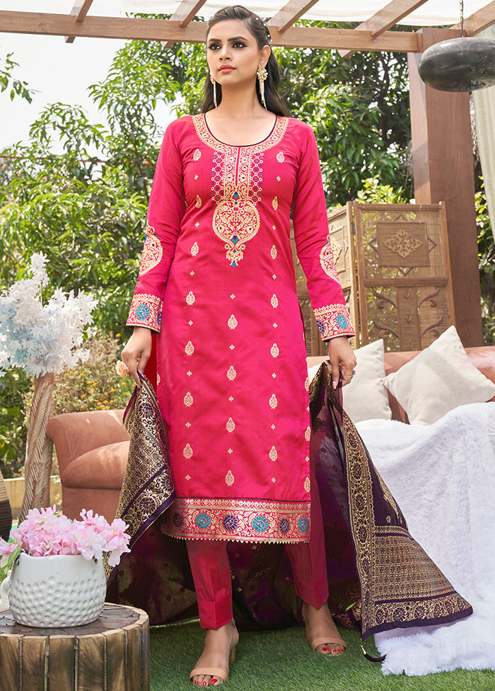 3 Pc Pink Unstitched Silk Suit Set With Dupatta VDLL002270771 - Indian Silk House Agencies