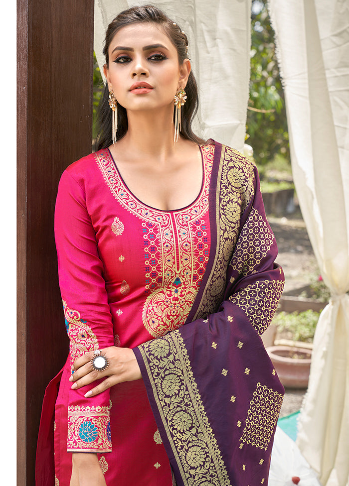 3 Pc Pink Unstitched Silk Suit Set With Dupatta VDLL002270771 - Indian Silk House Agencies