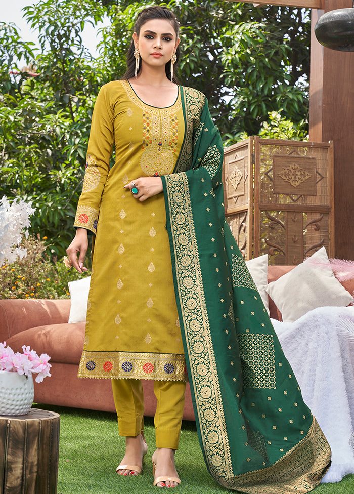 3 Pc Mustard Unstitched Silk Suit Set With Dupatta VDLL002270772 - Indian Silk House Agencies