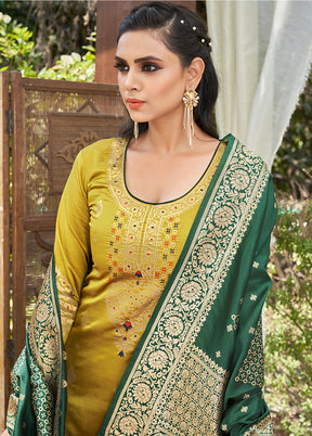 3 Pc Mustard Unstitched Silk Suit Set With Dupatta VDLL002270772 - Indian Silk House Agencies